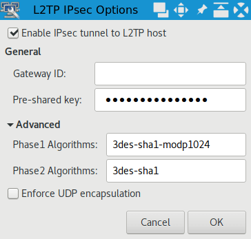Phase1 Algorithms: 3des-sha1-modp1024 Phase2 Algorithms: 3des-sha1